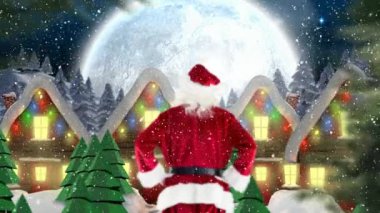 Noel Baba bir şekilde dekore edilmiş evlerde kış manzarası önünde dijital bileşik yağan kar ile kombine