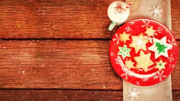 クリスマス料理と立ち下がり雪のデジタル合成 — ストック動画