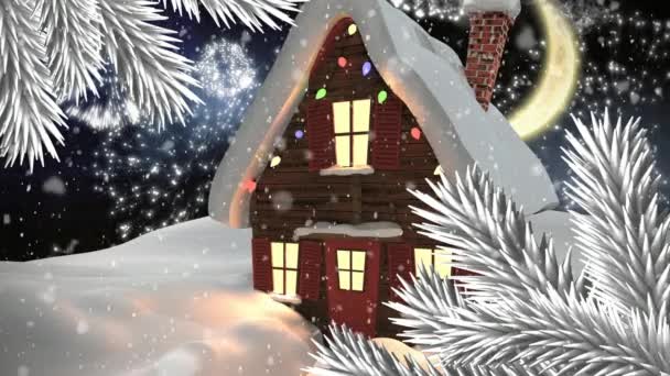 夜家で冬景色を雪で映像の合成 — ストック動画