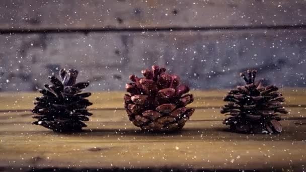 Digitale Composiet Van Vallende Sneeuw Met Kerstversiering Pine Cone — Stockvideo