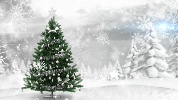 Compuesto Digital Árbol Navidad Paisajes Invernales Nieve Que Cae — Vídeo de stock
