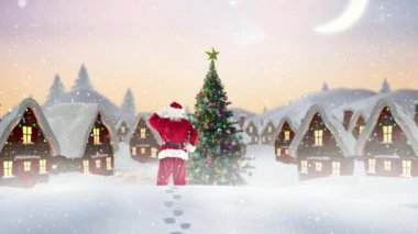 Noel Baba yağan kar ile kombine bir şekilde dekore edilmiş evler önünde dijital bileşik