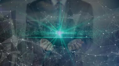 Bilim kompozisyon Hologram Earth, bağlı üçgenler ve işadamı bölümünü Orta dijital bileşik 