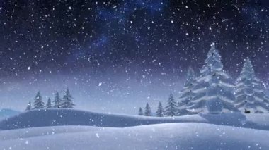 Çam ağaçları ve düşen kar kış manzara dijital bileşik