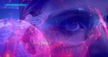 Bilim kompozisyon kadın dijital bileşik sanal gözlük ve soyut illüstrasyon ile pembe ve mavi 4 k renkli