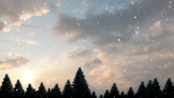 Цифровий Композит Зимових Пейзажів Ялиновими Деревами Падаючим Снігом — стокове відео