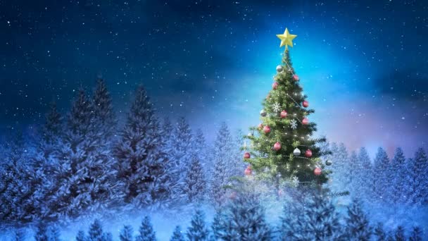 Digitaler Verbund Von Weihnachtsbaum Winterlandschaft Und Fallendem Schnee — Stockvideo