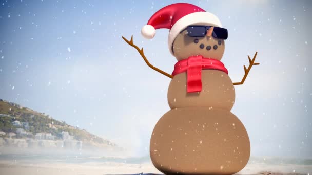 Video Composition Snow Sandman Santa Hat Beach — Stock Video