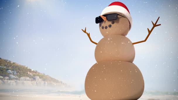 录影构成与雪在沙人与圣诞老人的帽子在海滩上 — 图库视频影像