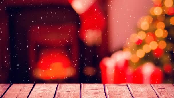 Digital Composite Blurred Background Living Room Decorated Christmas Combined Falling — Stock Video