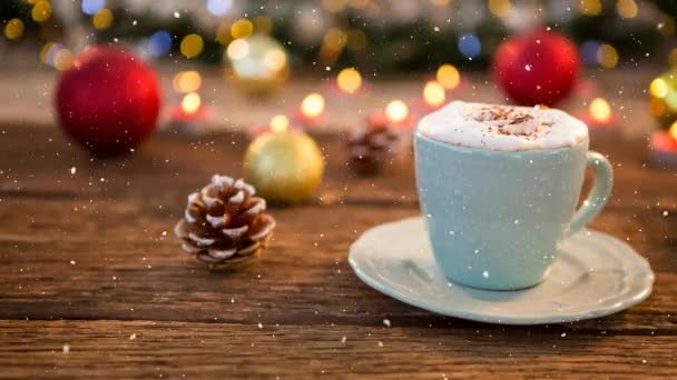 Digitale Composiet Van Vallende Sneeuw Met Kerst Koffie Decoratie — Stockvideo