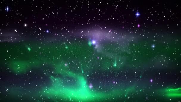 Composito Digitale Caduta Neve Notte Natale Cielo Stellato Aurora Boreale — Video Stock