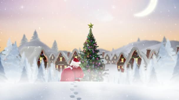 Noel Baba Kış Sahne Dijital Bileşik Yağan Kar Ile Kombine — Stok video
