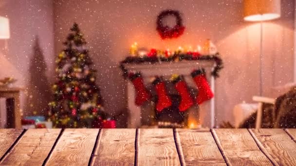 Composito Digitale Sfondo Sfocato Soggiorno Decorato Natale Combinato Con Neve — Video Stock