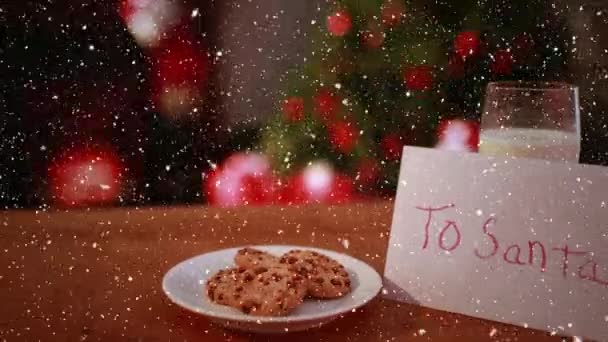 Video Kompozice Padající Sníh Nad Stolem Cookies Vánoční Stromeček — Stock video