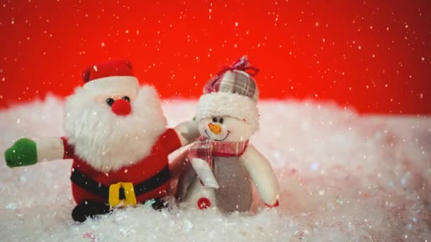 Digital Komposit Fallande Snö Med Jul Tomte Och Snögubbe Dekoration — Stockvideo