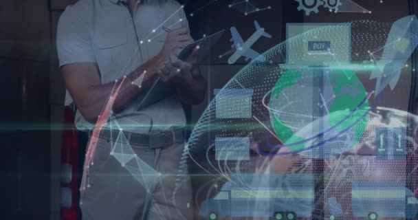 Composite numérique de composition d'entrepôt Livreur debout à côté d'un fourgon combiné avec illustration de la livraison 4k 