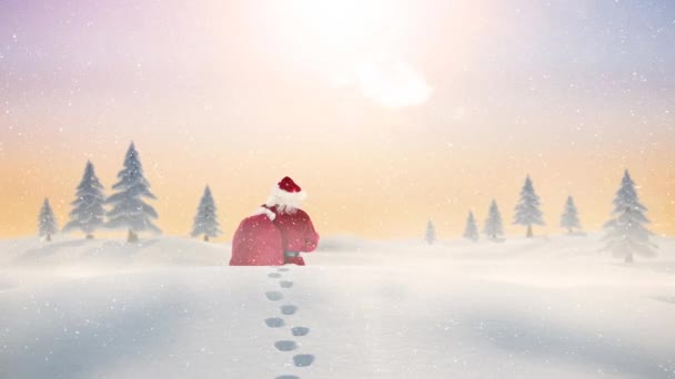 Цифровая Композиция Санта Клауса Блуждающего Мысу Снега Сочетании Падающим Снегом — стоковое видео