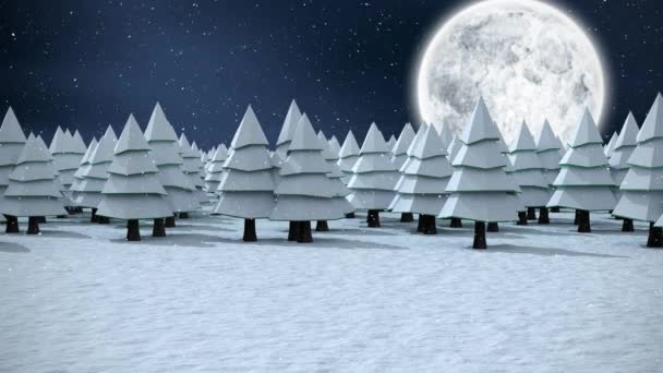 满月和降雪的冬季风景的数字组合 — 图库视频影像