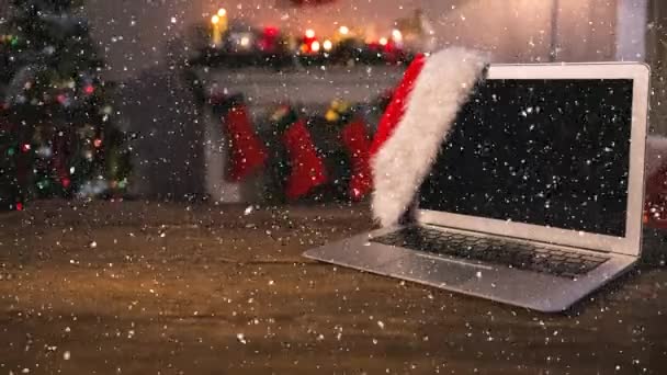 数字复合落雪与圣诞笔记本电脑 — 图库视频影像