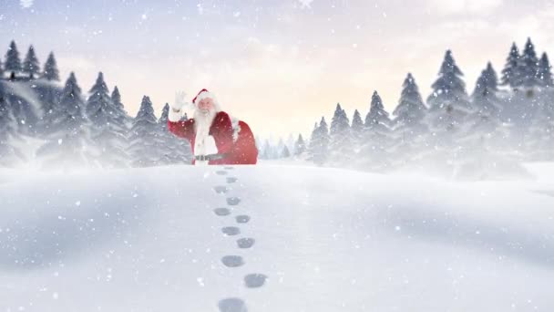 Digital Composite Santa Clause Wandering Snowscape Combined Falling Snow — Stock Video