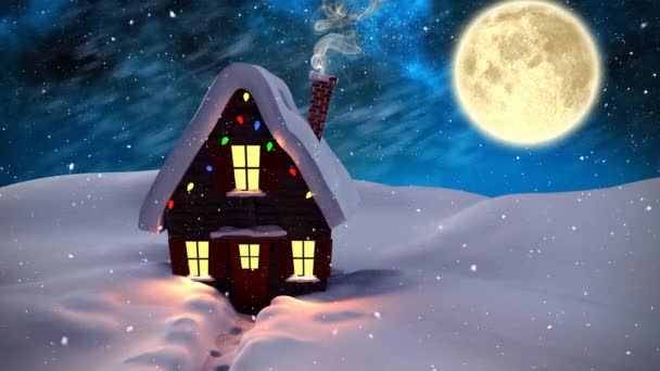 Video Composizione Con Neve Sul Paesaggio Invernale Con Casa Notte — Video Stock