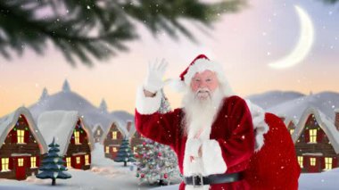 Noel Baba bir şekilde dekore edilmiş evlerde kış manzarası önünde dijital bileşik yağan kar ile kombine