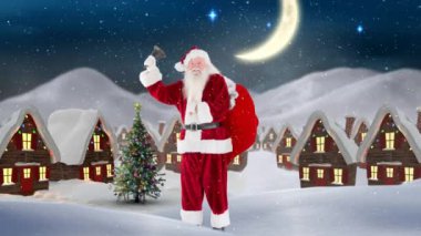 Noel Baba bir şekilde dekore edilmiş evlerde kış manzarası önünde dijital bileşik yağan kar ile kombine