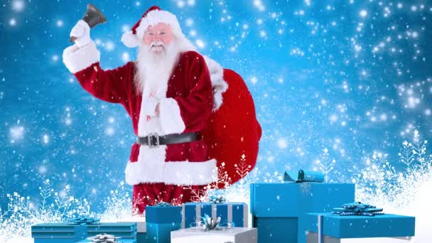 圣诞老人条款的数字复合与圣诞礼物结合下雪 — 图库视频影像