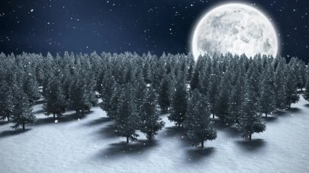 满月和降雪的冬季风景的数字组合 — 图库视频影像