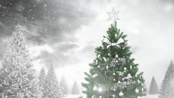 Composito Digitale Albero Natale Nel Paesaggio Invernale Neve Che Cade — Video Stock