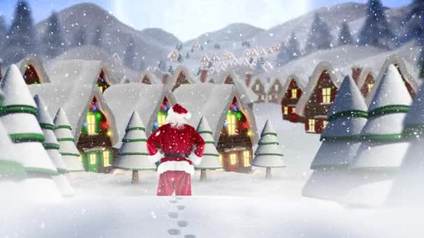 在装饰房屋前的圣诞老人条款的数字组合与飘落的雪 — 图库视频影像