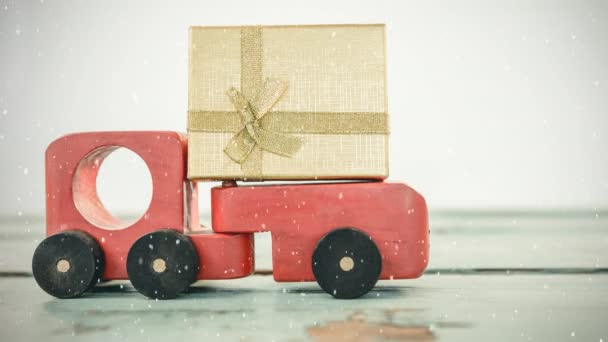 Digitaler Verbund Aus Rotem Spielzeugauto Mit Geschenk Kombiniert Mit Fallendem — Stockvideo