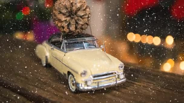 Digital Composite Falling Snow Christmas Car Pine Cone Decoration — Stock Video