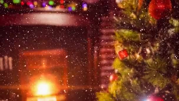 Цифровий Композит Розмитої Вітальні Прикрашений Різдво Поєднанні Падаючим Снігом — стокове відео