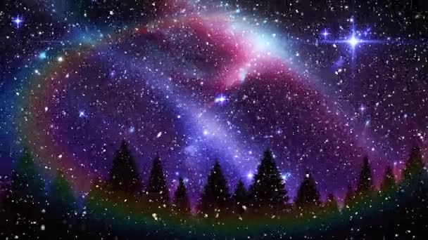 Composito Digitale Caduta Neve Notte Natale Cielo Stellato Aurora Arcobaleno — Video Stock