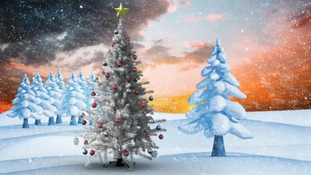 Digital composite of Christmas tree in winter scenery and falling snow — Stock Footage Digital Composite Christmas Tree Winter Scenery Falling Snow Stock Footage