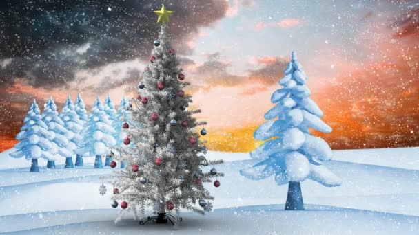 Compuesto Digital Árbol Navidad Paisajes Invernales Nieve Que Cae — Vídeos de Stock