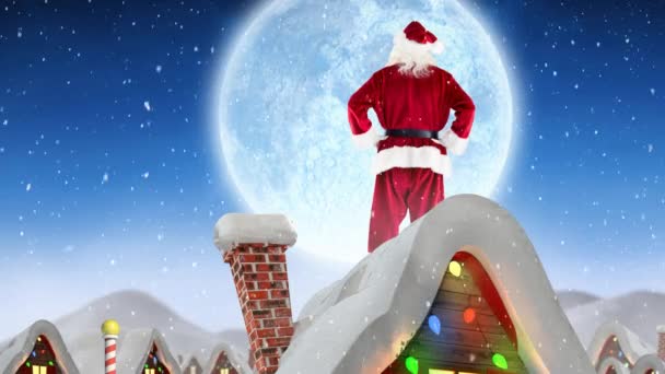 Цифровой Композитный Санта Клаус Крыше Украшенного Дома Сочетании Падающим Снегом — стоковое видео