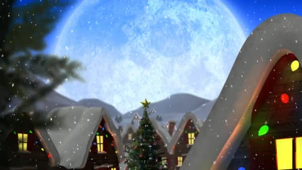 Digital Composite Winter Scenery Full Moon Houses Falling Snow — Stock Video