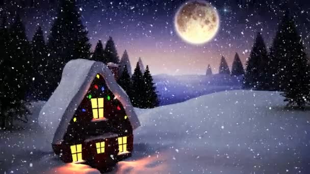Видеокомпозиция Снегом Над Зимними Пейзажами Домом Ночью — стоковое видео