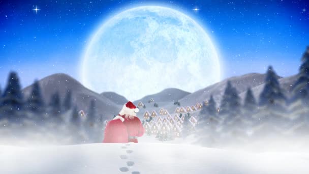 Digitale Composiet Van Kerstman Dwalen Door Snowscape Gecombineerd Met Dalende — Stockvideo