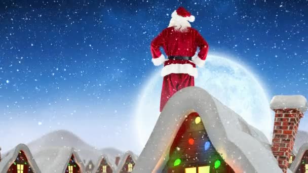 Цифровая Композиция Санта Клауса Крыше Зимнем Пейзаже Сочетании Падающим Снегом — стоковое видео