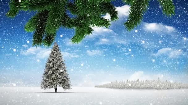 Digitaler Verbund Von Weihnachtsbaum Winterlandschaft Und Fallendem Schnee — Stockvideo
