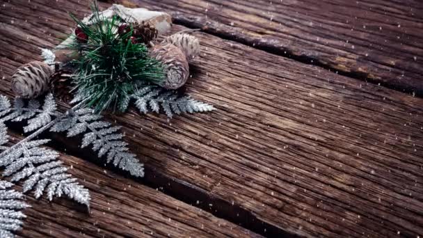 Digital Composite Falling Snow Christmas Decorations Wood — Stock Video