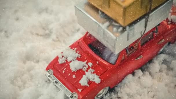 Ψηφιακός Σύνθετος Κόκκινο Μοντέλο Αυτοκινήτου Παρουσιάζει Στην Οροφή Συνδυασμό Χιόνι — Αρχείο Βίντεο