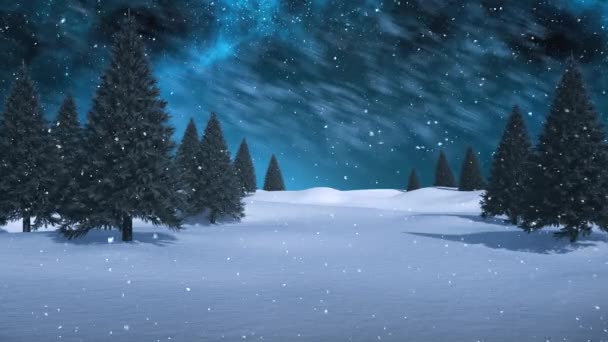 Цифровой Композитный Зимний Пейзаж Елками Падающим Снегом — стоковое видео