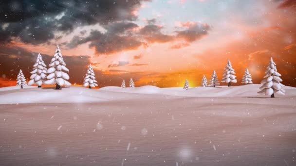 Цифровой Композитный Зимний Пейзаж Елками Падающим Снегом — стоковое видео