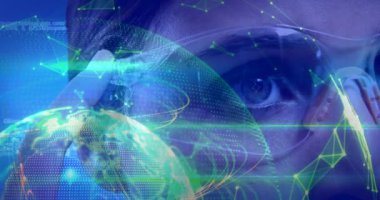 Kadın bilim kompozisyon dijital bileşik sanal gözlük ve soyut illüstrasyon yeşil ve mavi 4 k renkli
