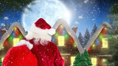 Noel Baba yağan kar ile kombine bir şekilde dekore edilmiş evler önünde dijital bileşik